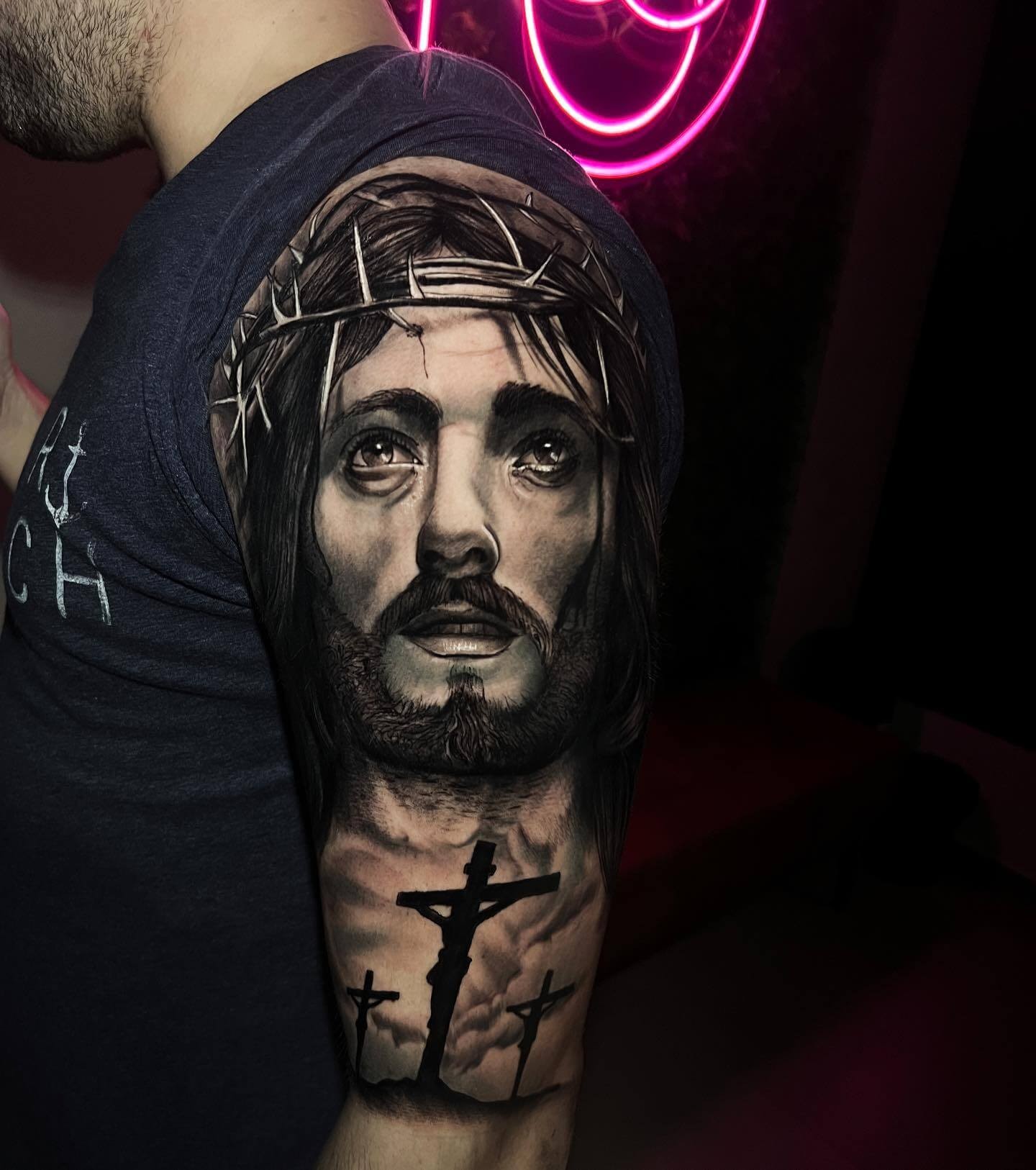 Full Sleeve Jesus Portrait Tattoo