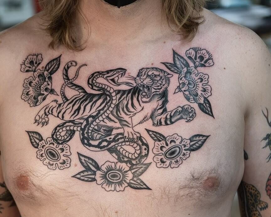 Tiger & Snake Chest Tattoo