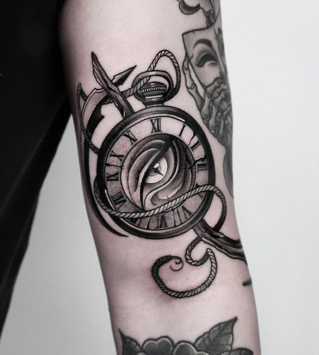 The Scythe And Pocket Watch Arm Tattoo