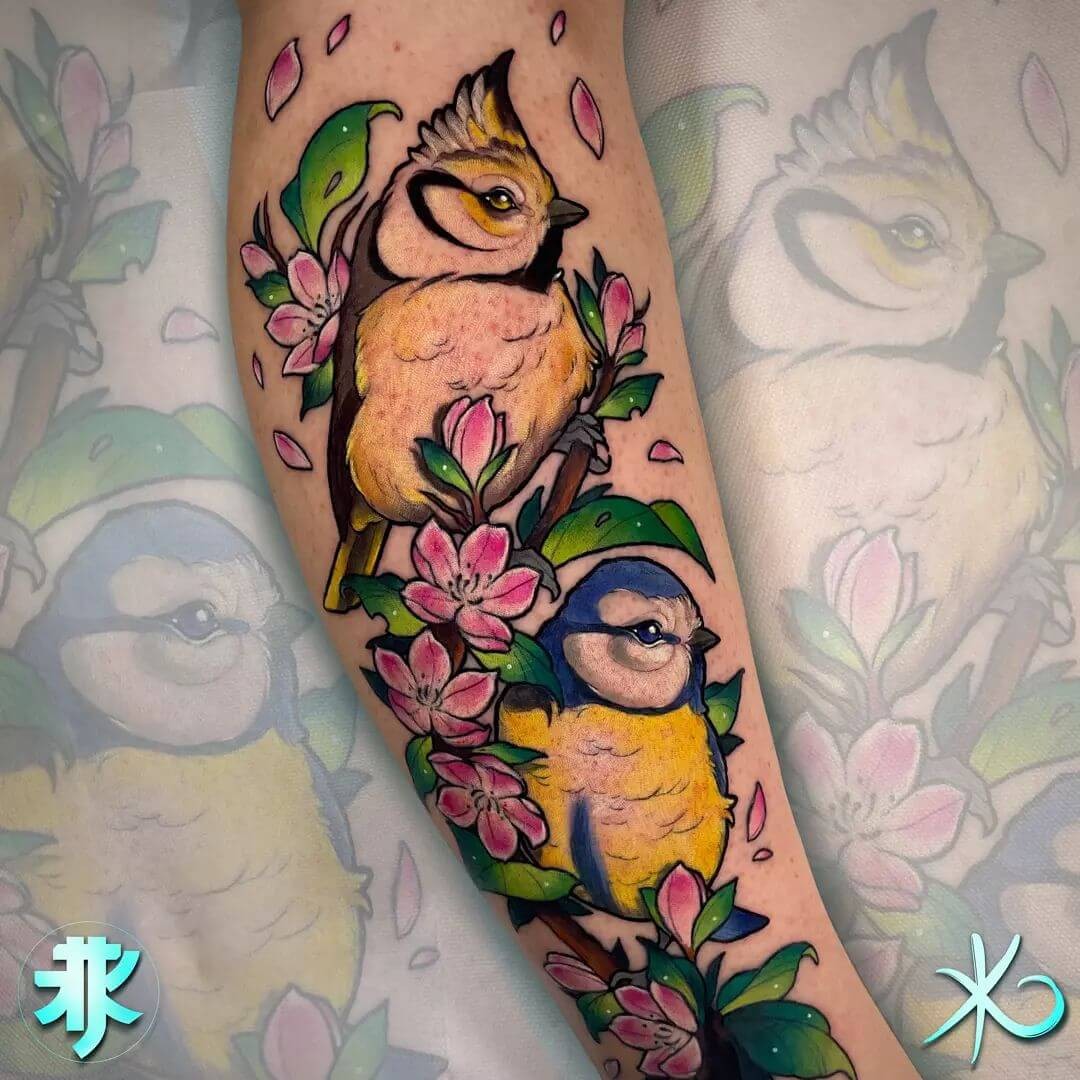 Chickadee With Flowers & Leaves Tattoo