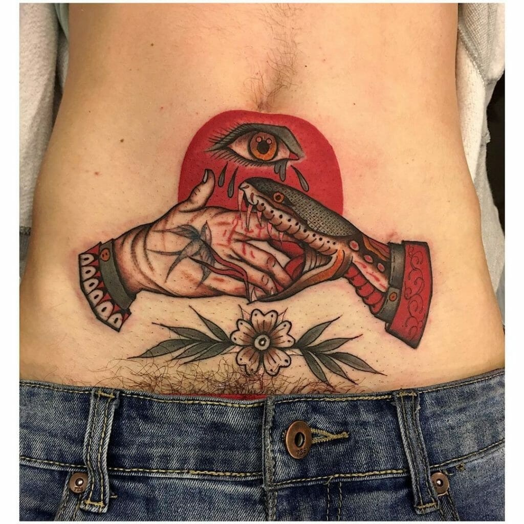 Awesome Trust Nobody Tattoo Idea With Snake Handshake And Crying Eye Body Art