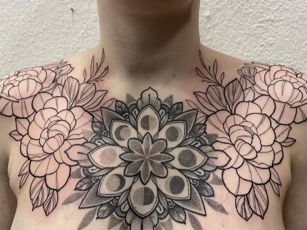 Mandala Work Flower And Rose Chest Tattoo