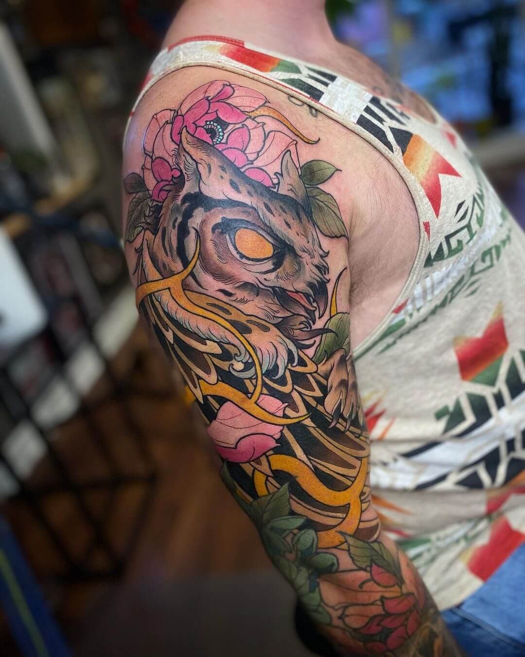 Full-Sleeve Neo-Traditional Owl Tattoo