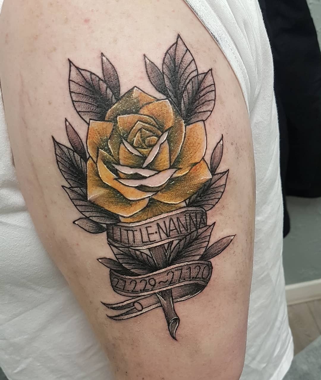 Men Arm Name And Date Rose Tattoo