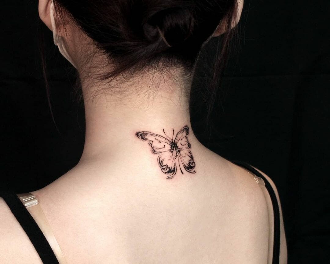 Tribal Butterfly Tattoo On Neck