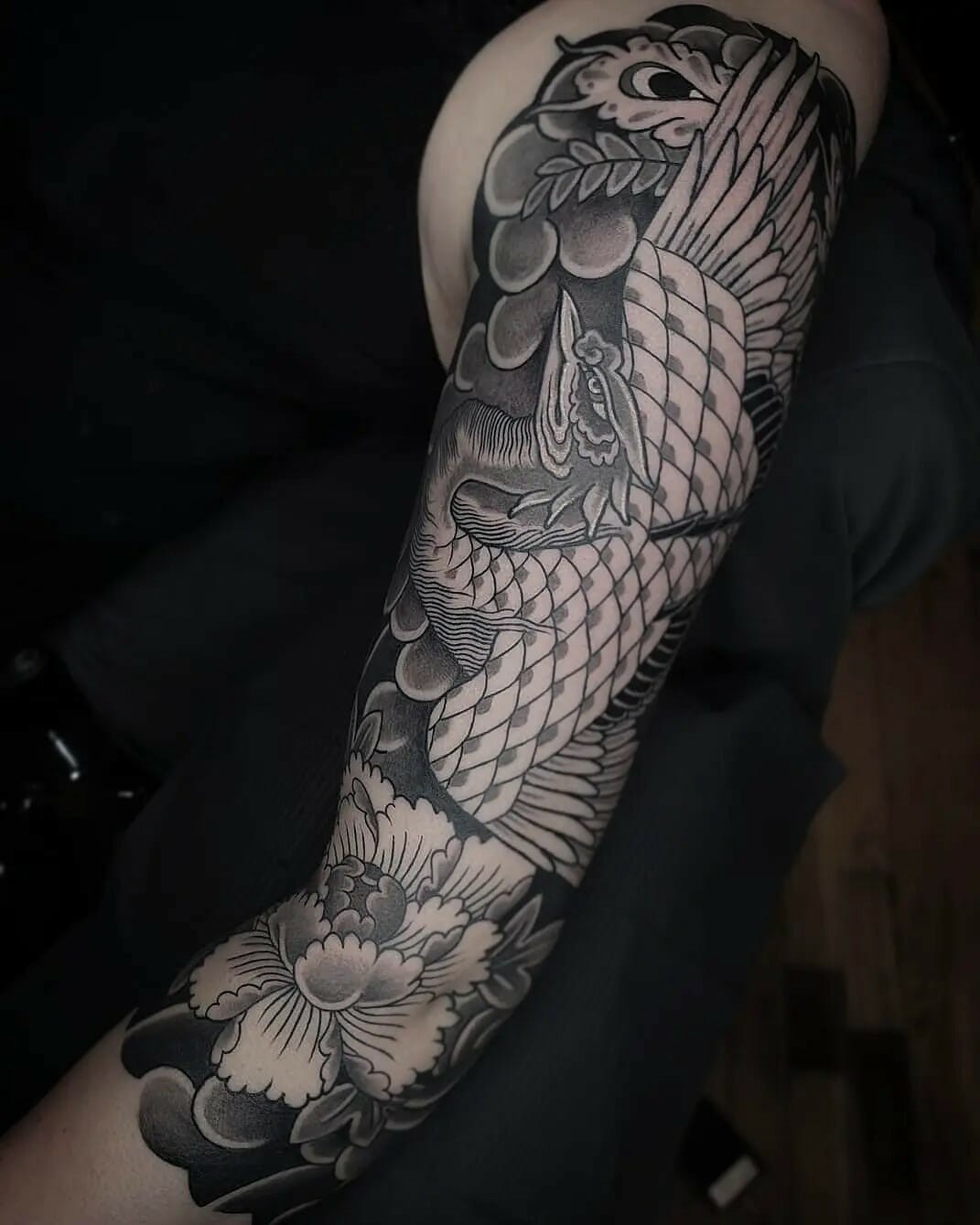 Monochrome Japanese Phoenix Tattoo