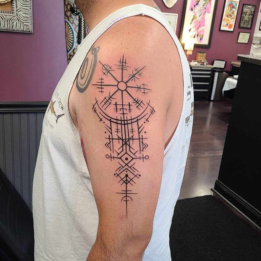 Stylized Geometric Viking Tattoos Helm Of Awe Tattoo Start Of A Sleeve Tattoo Design