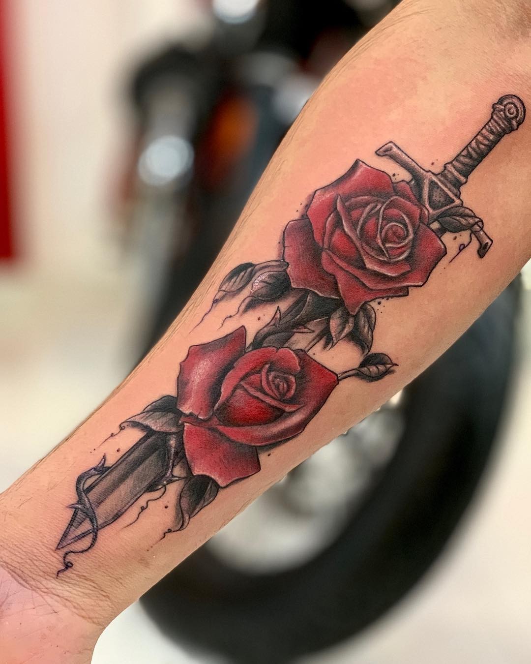 Unique Sword And Rose Tattoo