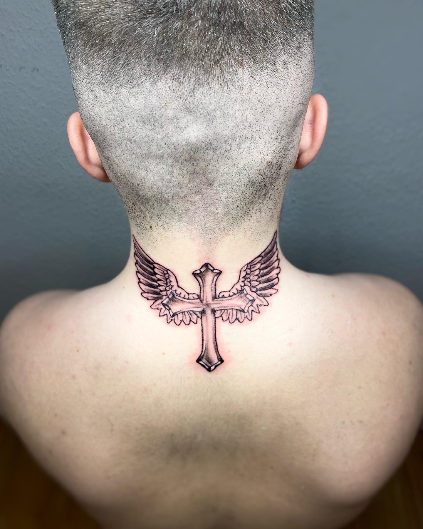 Angel And Small Cross Tattoo