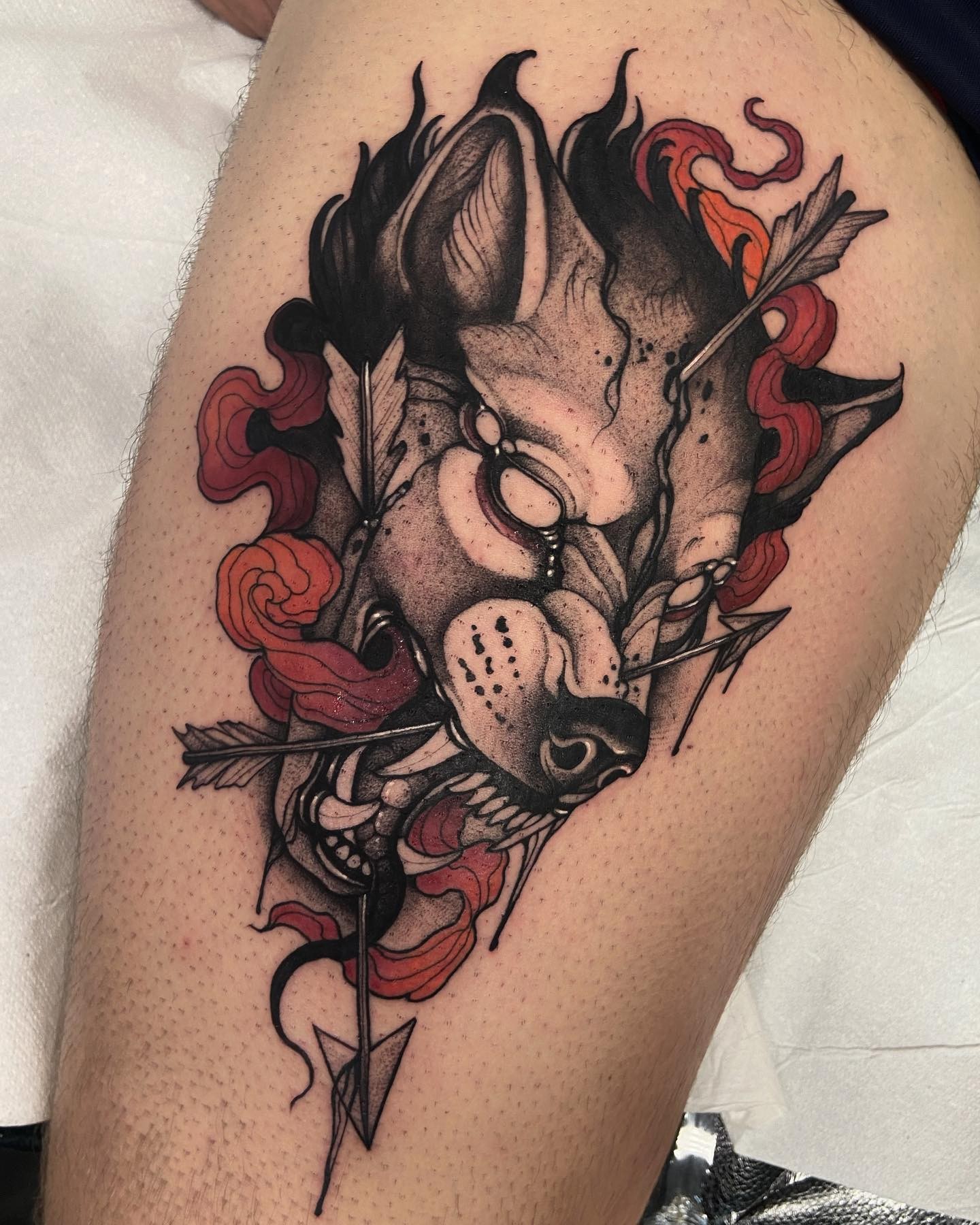 Wolf’s Head With Pierced Arrows Neo Traditional Wolf Tattoo