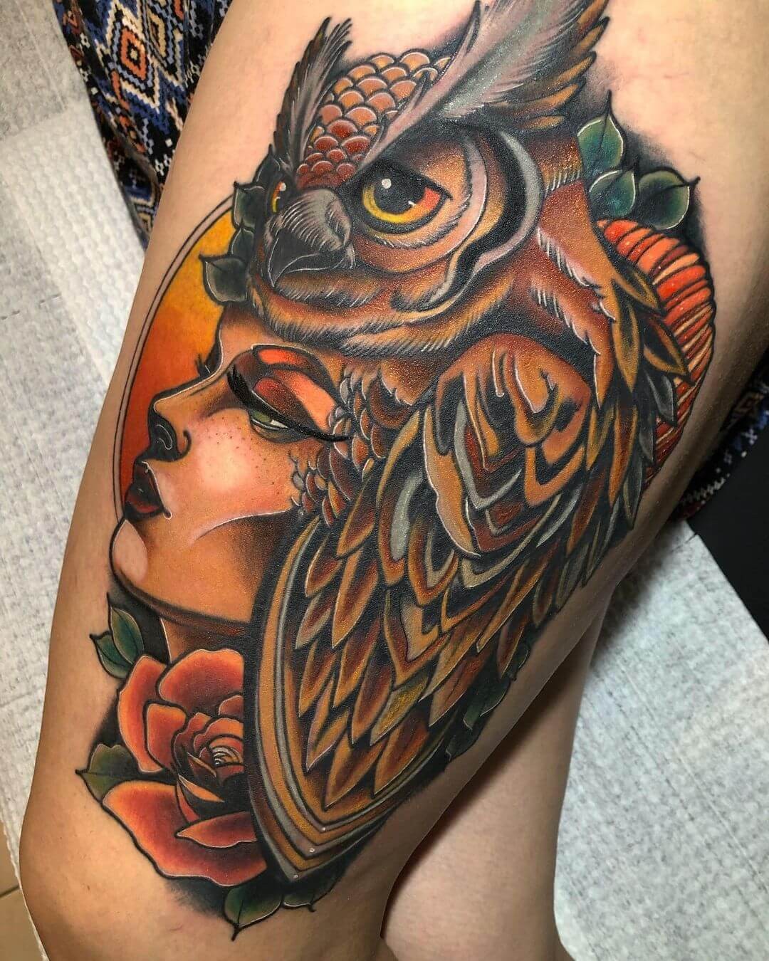 Neo-Traditional Owl As A Head-Gear Tattoo Design