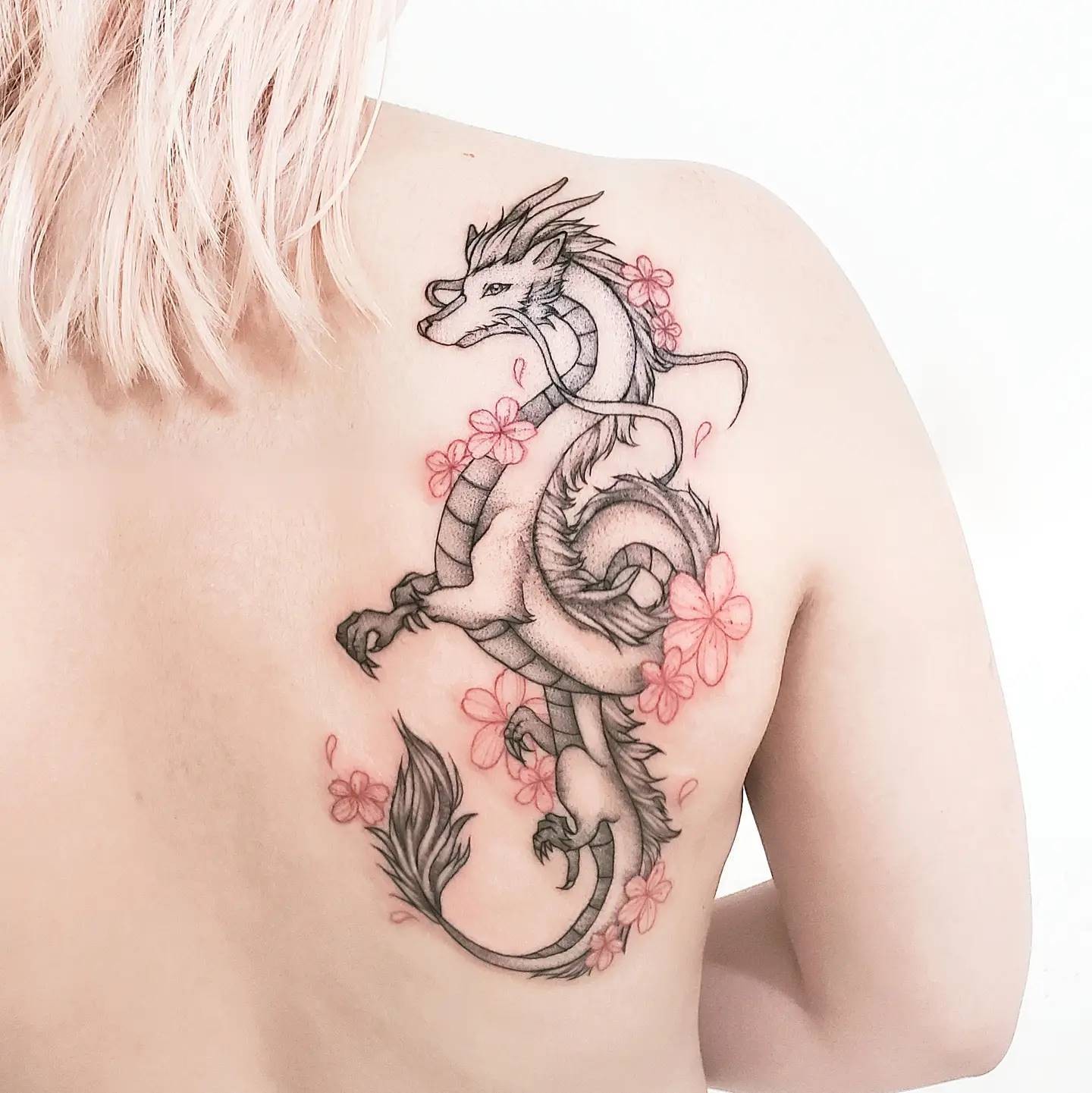 Feminine Dragon Cherry Blossom Tattoo