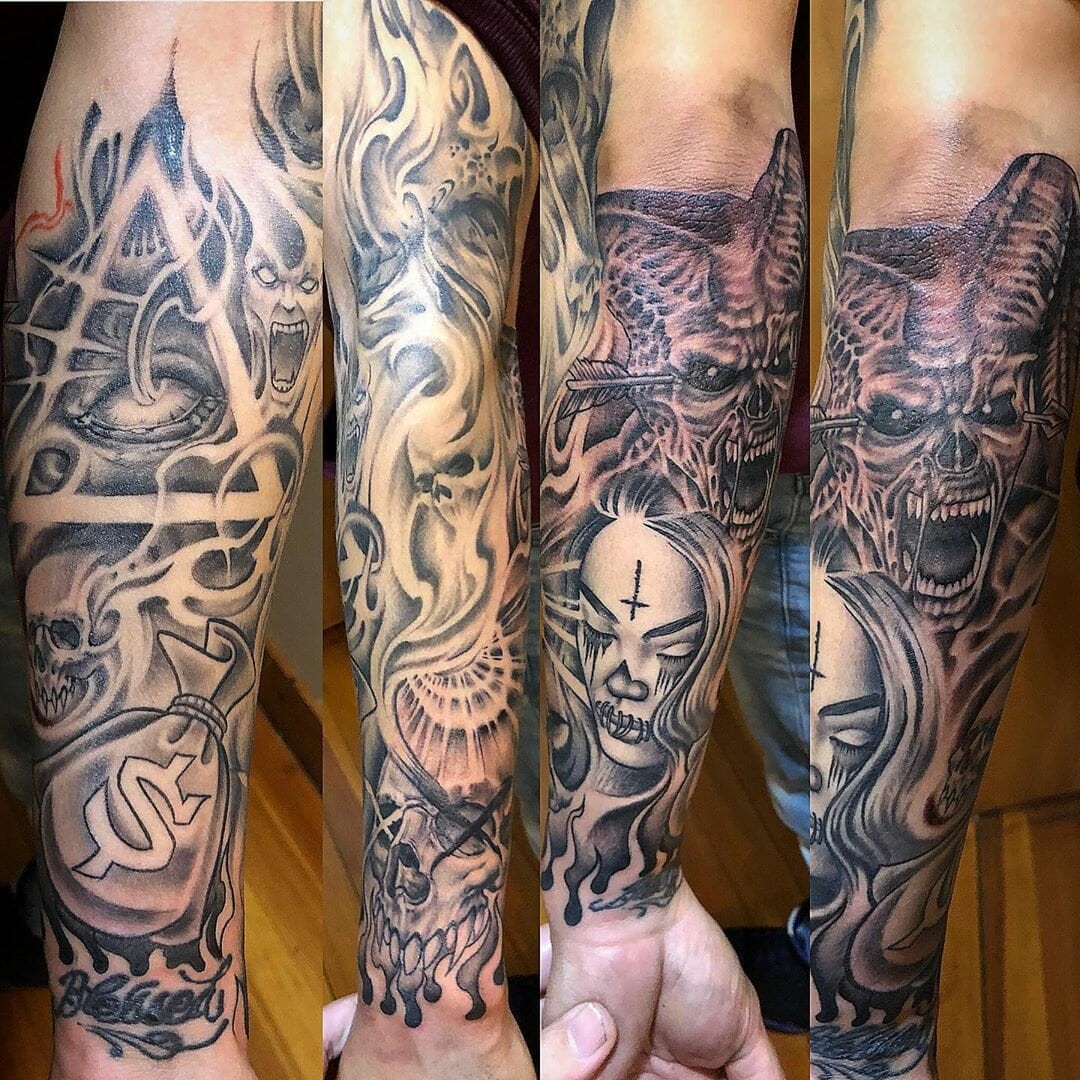 Half Sleeve Triangle Illuminati Tattoo