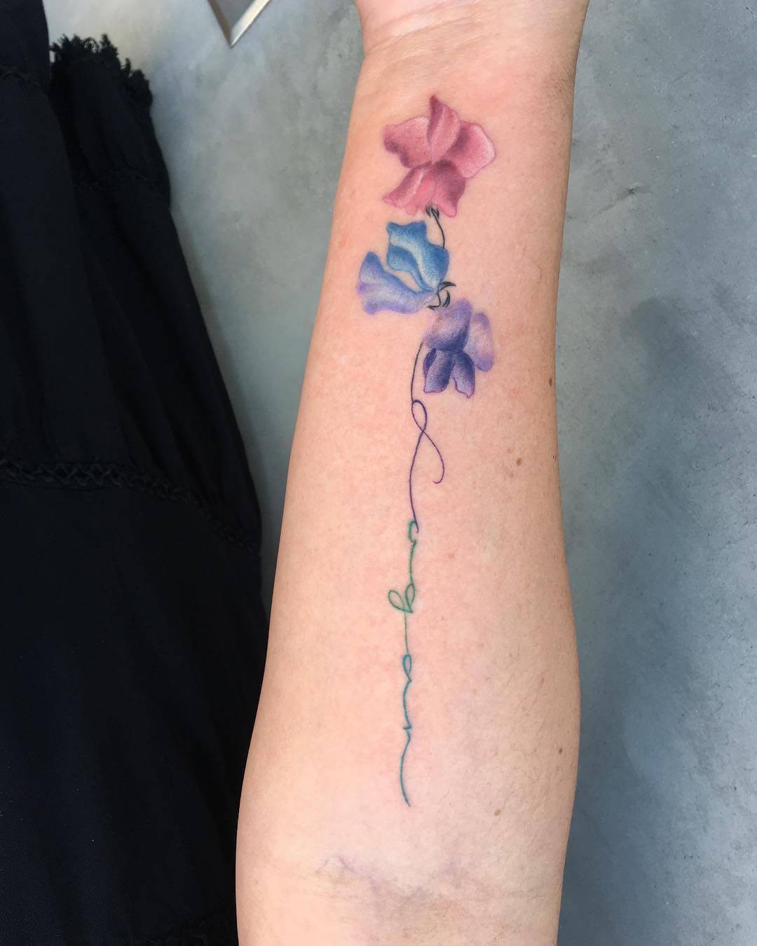 Sweet Pea Flower Tattoo With Lettering