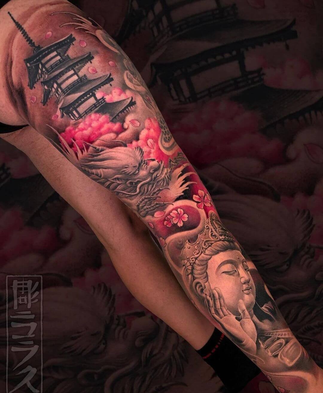 Pagoda Leg Sleeve Tattoo