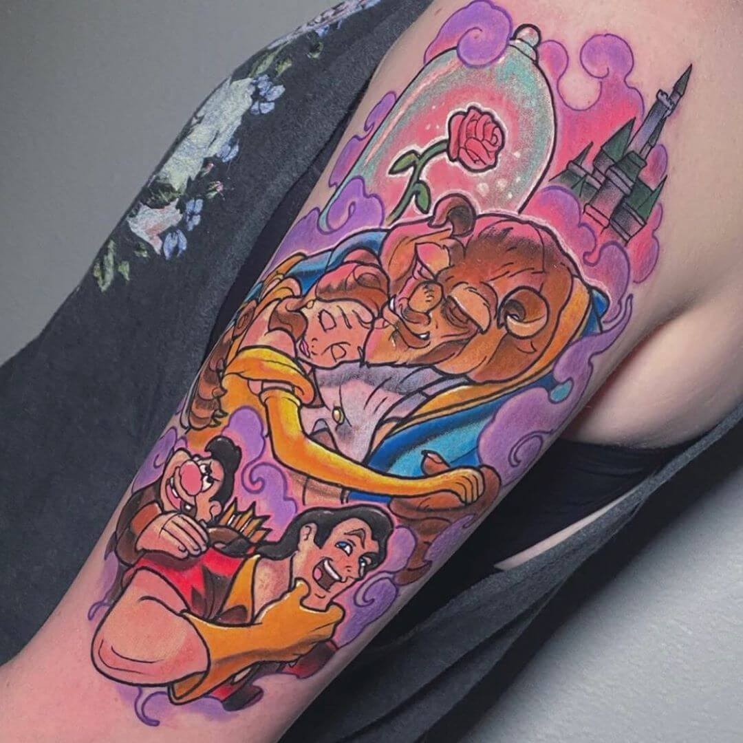 Colorful Tattoo Beauty and The Beast Design Enchanted Rose Castle And Characters