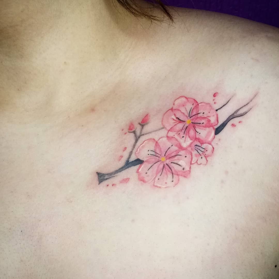 Cherry Blossom Flower Tattoo Collarbone