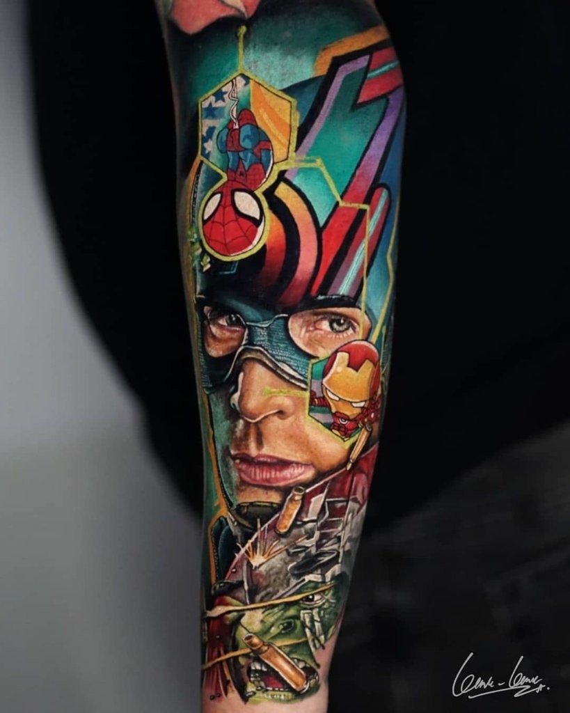 Gorgeous Bright & Dramatic Captain America Tattoo Sleeve