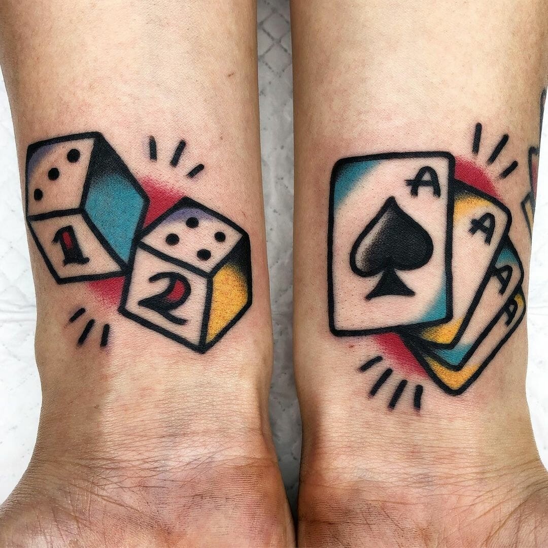 Twin Gambling Tattoos With Dice And Cards