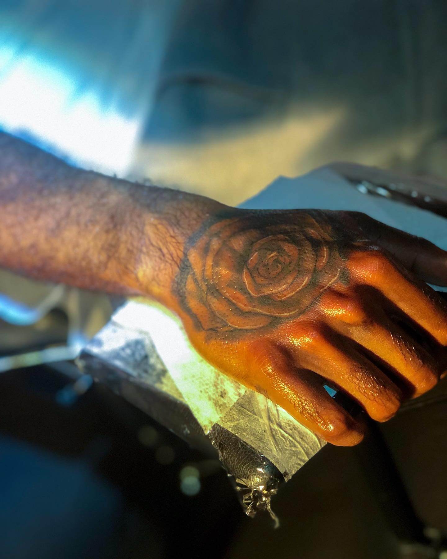 Traditional Big Black Rose Hand Tattoo