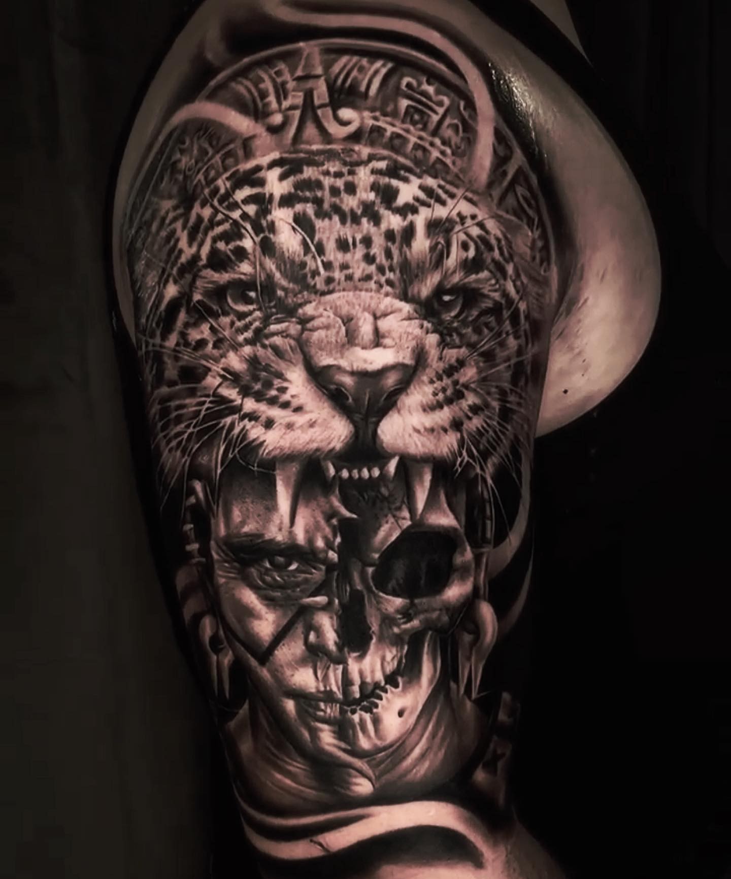 Monochromatic Aztec Jaguar Head Tattoo Designs