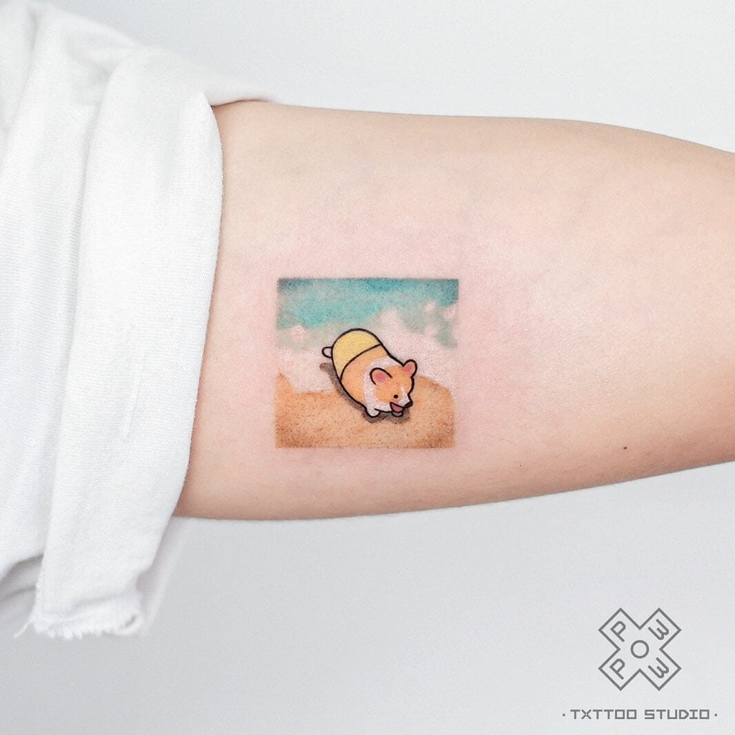 Watercolour Corgi Tattoo At The Beach