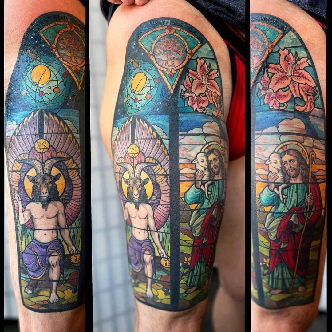 The Lord And The Devil Stained Glass Tattoo