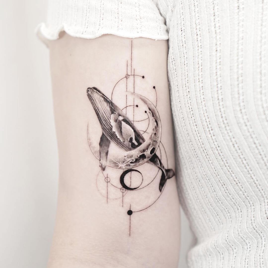 Small Black And Gray Ink Geometric Blue Whale Tattoo Designs With Crescent Moon