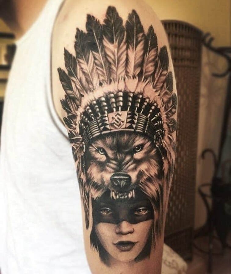 Female Chief Tribal Wolf Tattoo