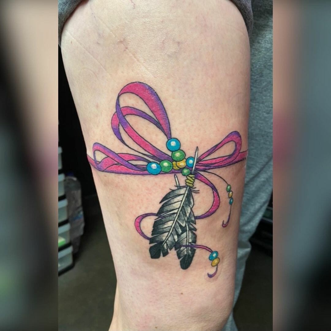 Tribal Bow Tattoo With Feathers