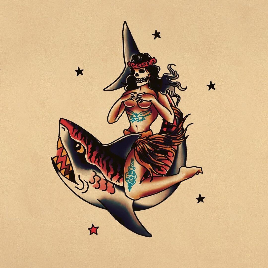 Shark And Skull Hula Woman Hawaii Tattoo