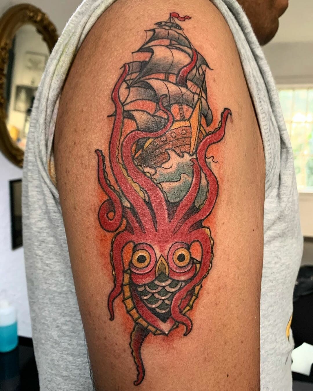 Kraken Tattoo Designs Over Shoulder With Ship Detail