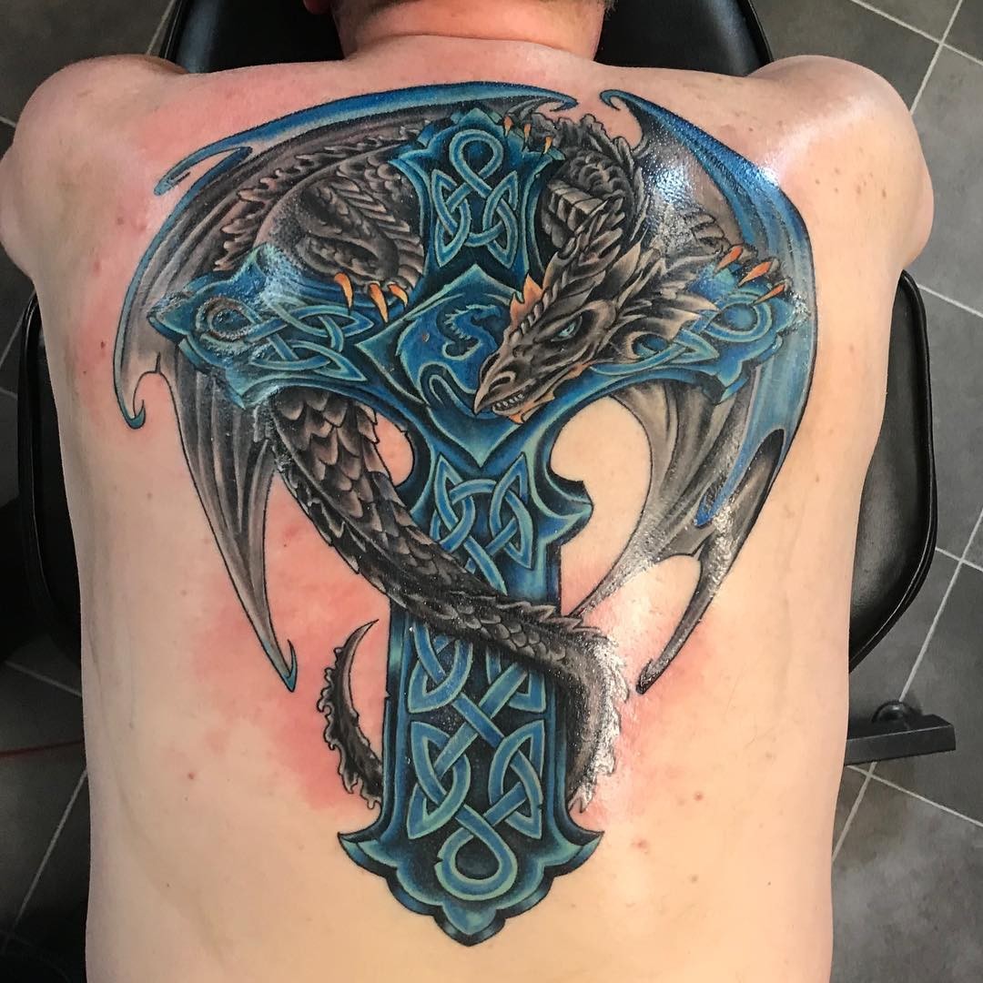 Dragon Back Tattoos With Cool Cross Art Detail