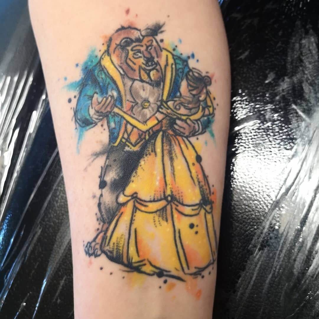 Disney Beauty Beast Tattoo Art Watercolor Effect Beauty And The Beast Tattoos For Leg