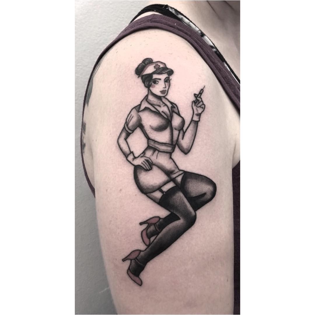 Black And White Nurse Pin Up Girl Tattoo