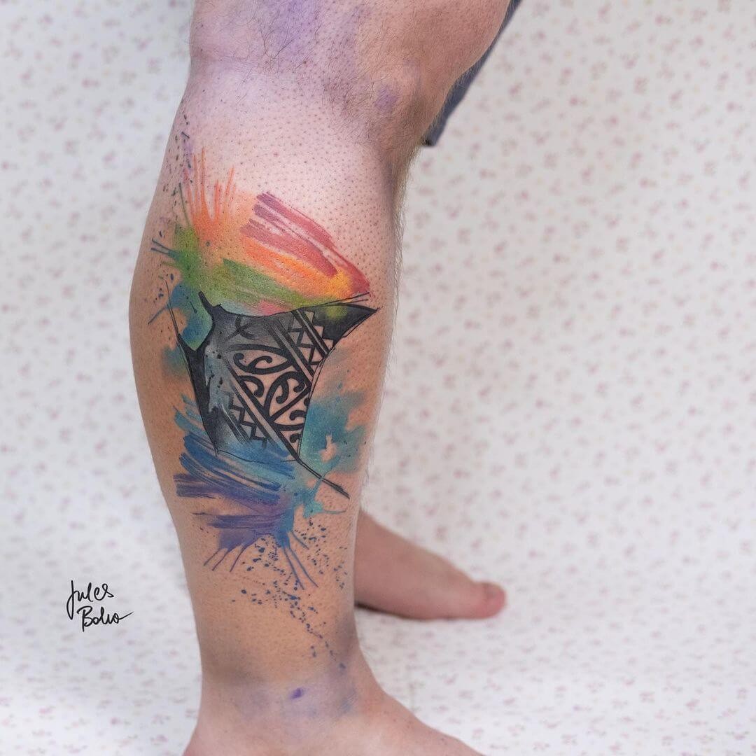 Colorful Leg Ray Tattoos