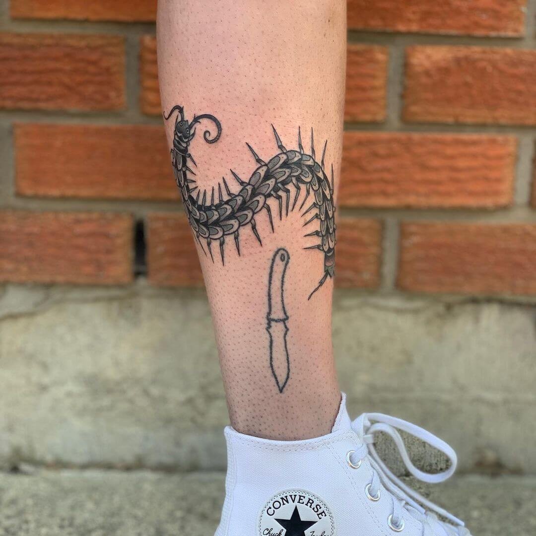 Spiky Centipede Inner Calf Tattoo