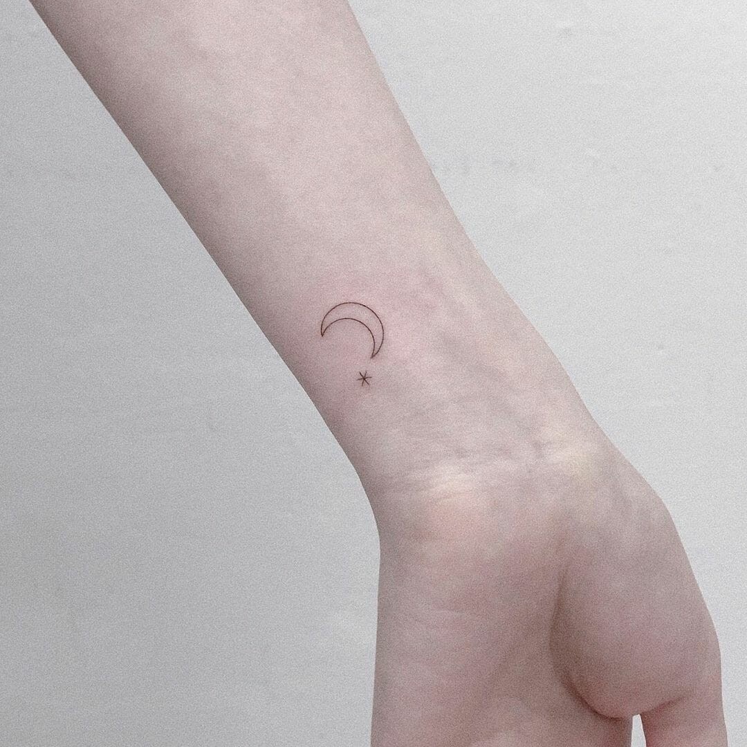 Minimalistic Crescent Moon And Stars Tattoo Design