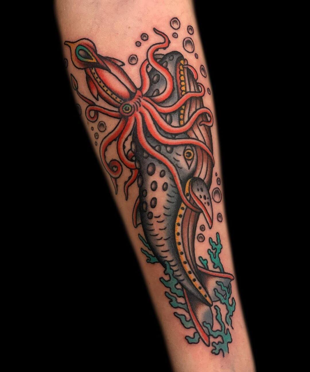 Traditional Colored Tattoos Bright Red Kraken Squid Vs Whale Epic Battle Tattoo