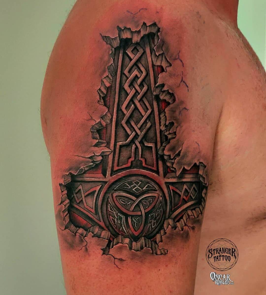 Vikings Way Inspired Tattoos For Men Surrealist Tattoos Breaking Through Bicep Design