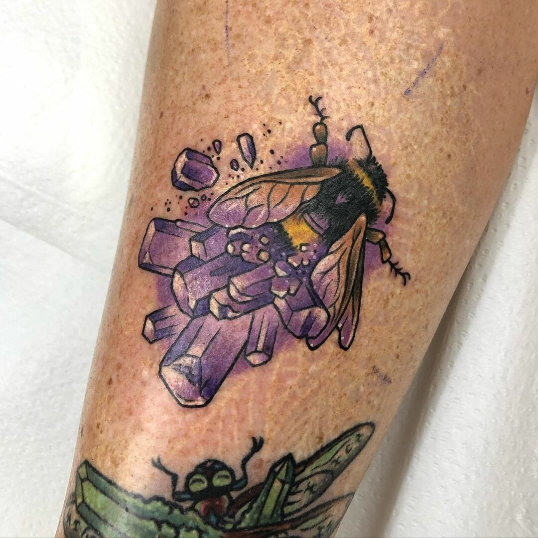 Small Bumblebee and Purple Crystal Tattoo