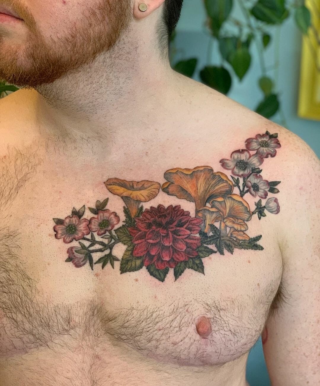 Mushroom And Flowers Chest Big Tattoo