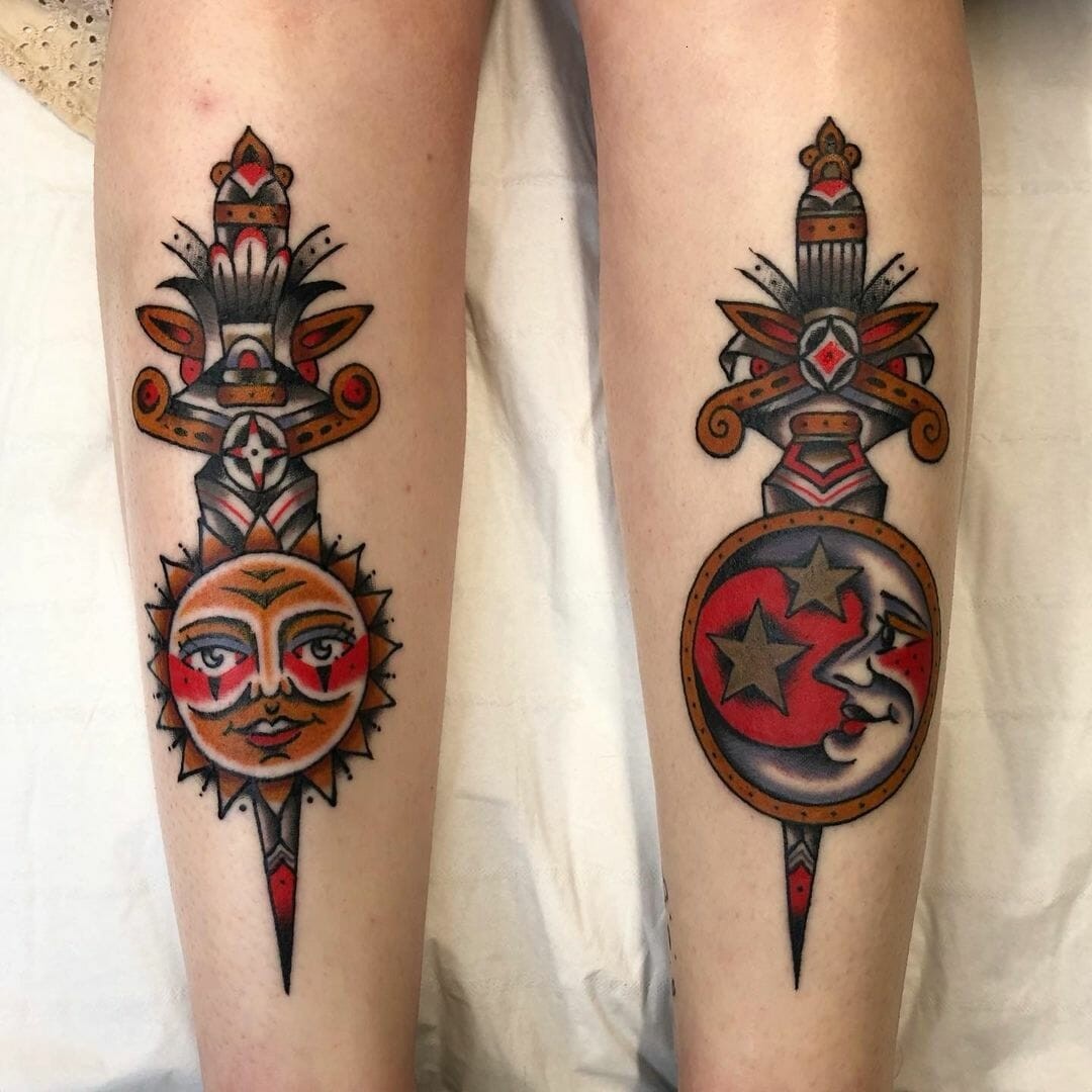 Sun And Moon With Dagger Tattoo design