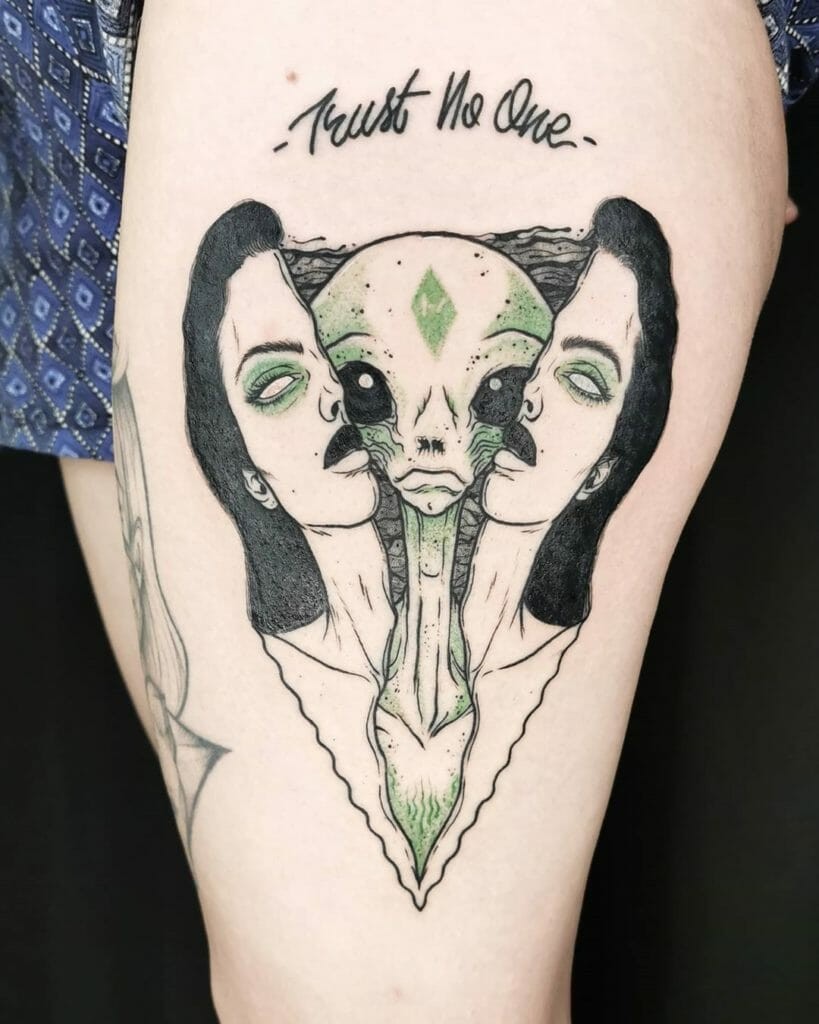 Best And Unique Trust No One Tattoo Girl And Alien Design Thigh Placement