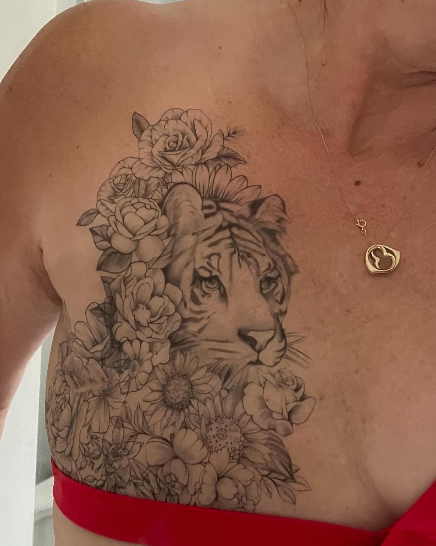 Tiger And Flowers Mastectomy Tattoo