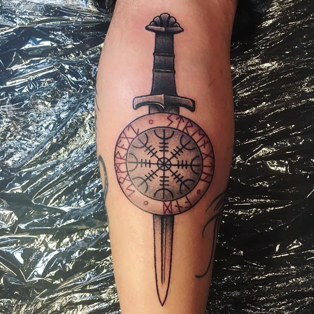 Badass Viking Sword And Red Ink Helm Of Awe Tattoo For Strength And Courage