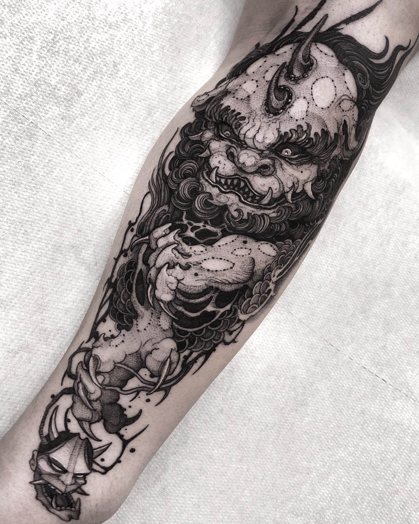 Traditional Japanese Foo Dog Tattoo On Sleeve