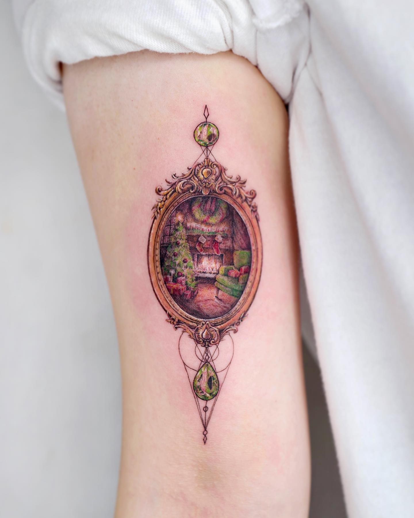 Magical Mirror And Christmas Decorated House Tattoo Design