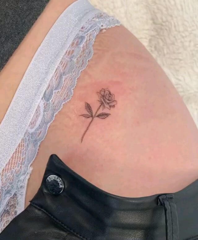 Fine Line Small Rose On Thigh Tattoo Ideas