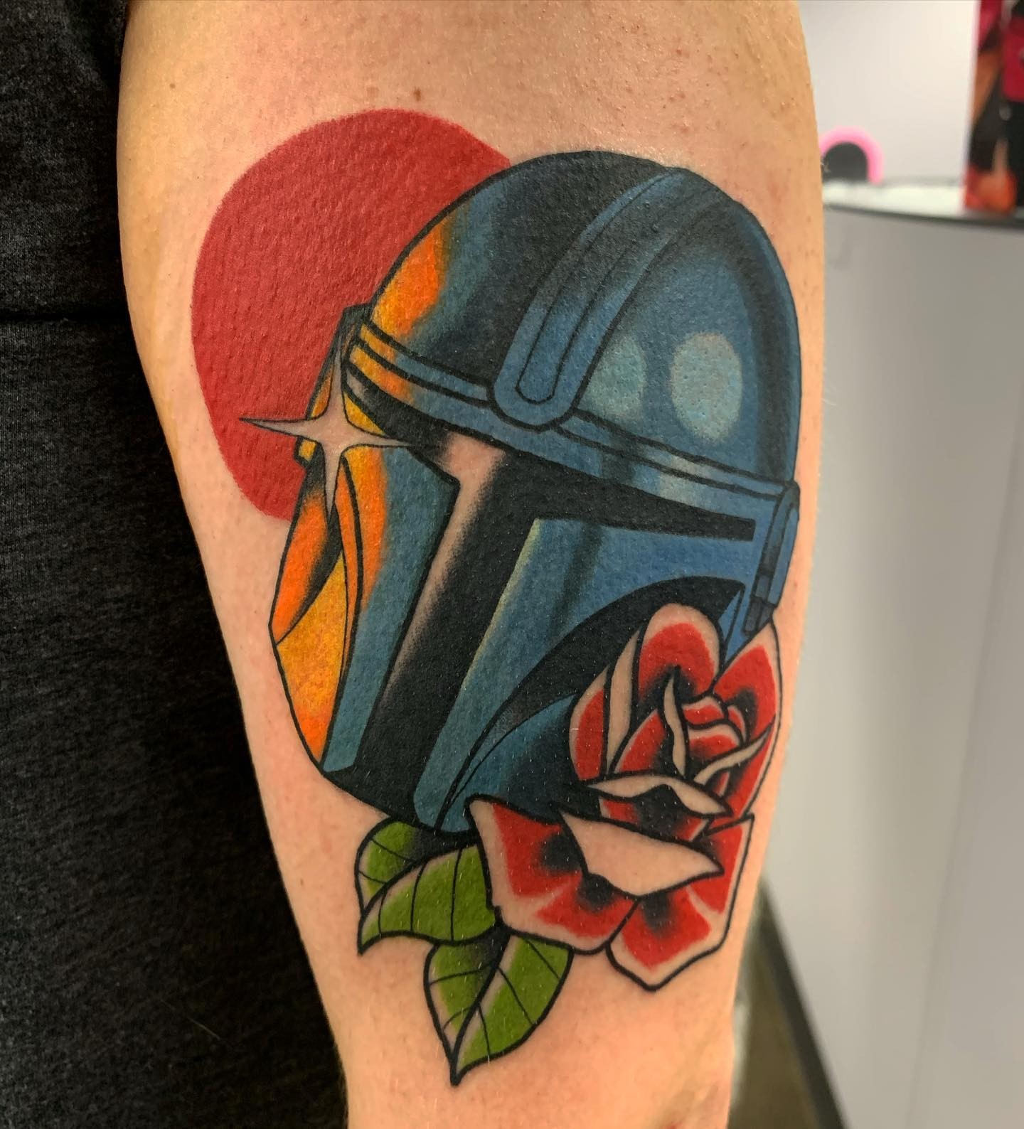 Mandalorian Helmet And Rose Tattoo